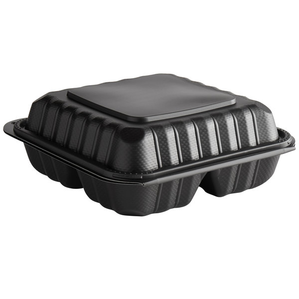 8831B Emerald Black Mineral Filled Hinged Food Containers, 8-in x 8-in x-3-in, 1 Compartment (150ct)